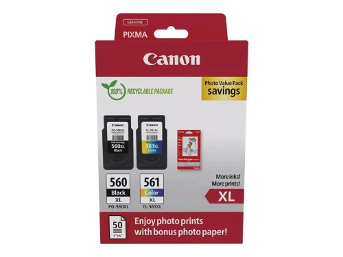 CANON PG-560XL/CL-561XL PHOTO VALUE PACK COFEZIONE 2 INK NERO COLORE CIANO MAGENTA GIALLO ALTA RESA + 50 FOGLI PHOTO PAPER PLUS GLOSSY II LUCIDO 100 x 150 mm